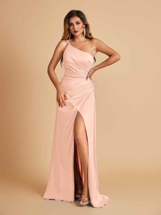Satin One Shoulder Sheath Bridesmaid Dresses Spaghetti Straps Side Slit Floor Length