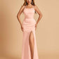 Satin Mermaid Long Bridesmaid Dresses Spaghetti Straps Scoop Side Slit Criss-cross Back