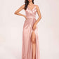 Sexy Satin A-line Bridesmaid Dresses Spaghetti Straps Side Slit V-neck Floor Length
