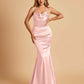 Satin Mermaid Open Back Bridesmaid Dresses Spaghetti Straps Scoop Floor Length