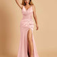 Sexy Satin Mermaid Prom Dresses Spaghetti Straps V-neck Side Slit Half Open Back