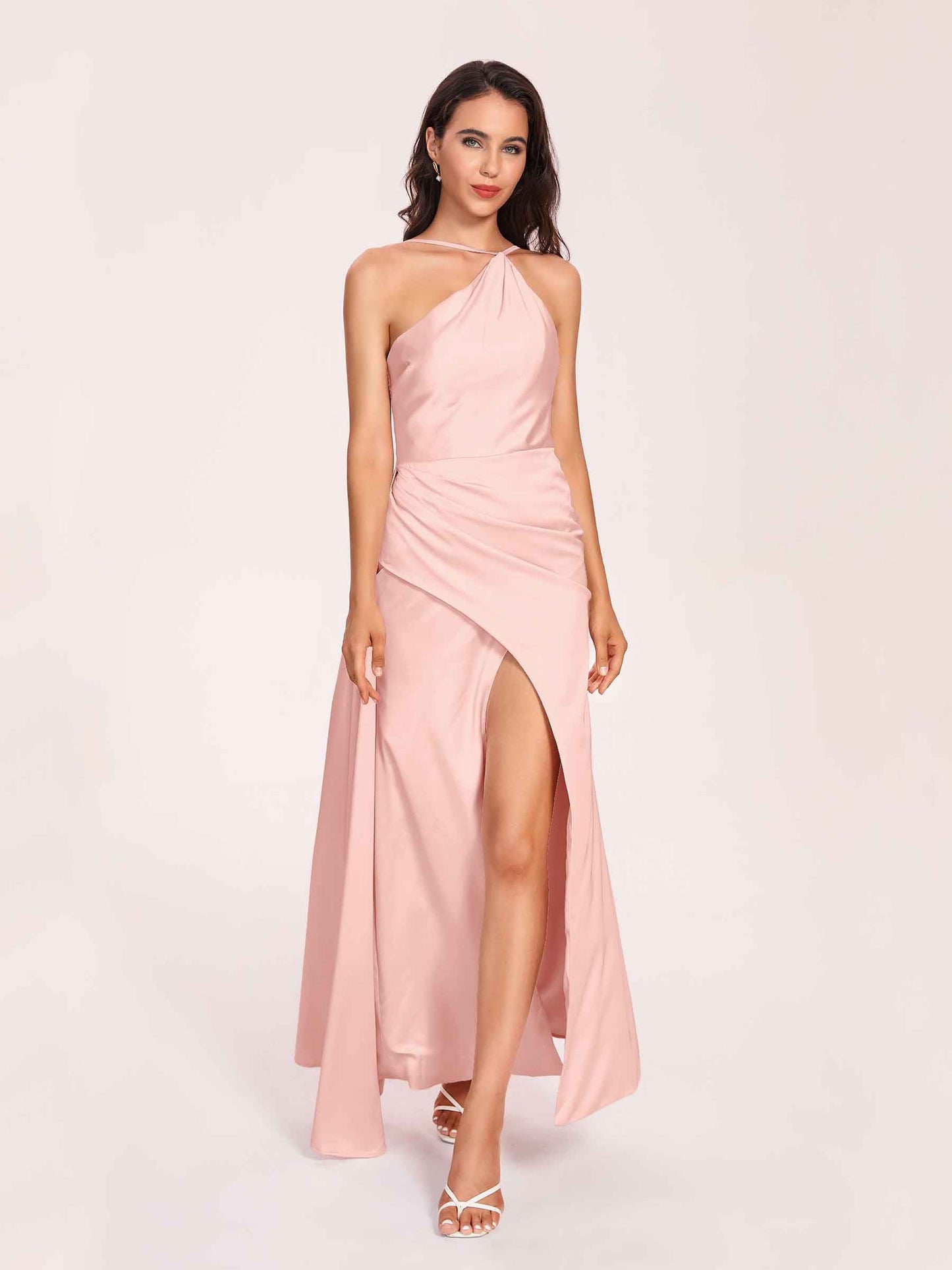 Sexy Satin Halter Strap Sheath Prom Dresses Side Slit Pleats Floor Length