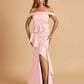 Satin Mermaid Off Shoulder Bridesmaid Dresses With Ruffles Side Slit Floor Length