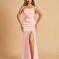 Satin Mermaid Long Prom Dresses Spaghetti Straps Scoop Side Slit Criss-cross Back