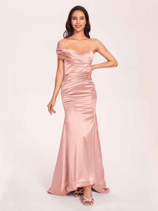 Satin One-shoulder Bridesmaid Dresses Pleats Floor Length Mermaid Long
