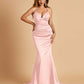 Satin Mermaid V-neck Prom Dresses Spaghetti Straps Floor Length