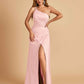 Satin One Shoulder Sheath Prom Dresses Spaghetti Straps Side Slit Floor Length