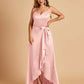 Satin Asymmetric V-neck Bridesmaid Dresses Sleeveless Side Slit A-line Unique For Sale