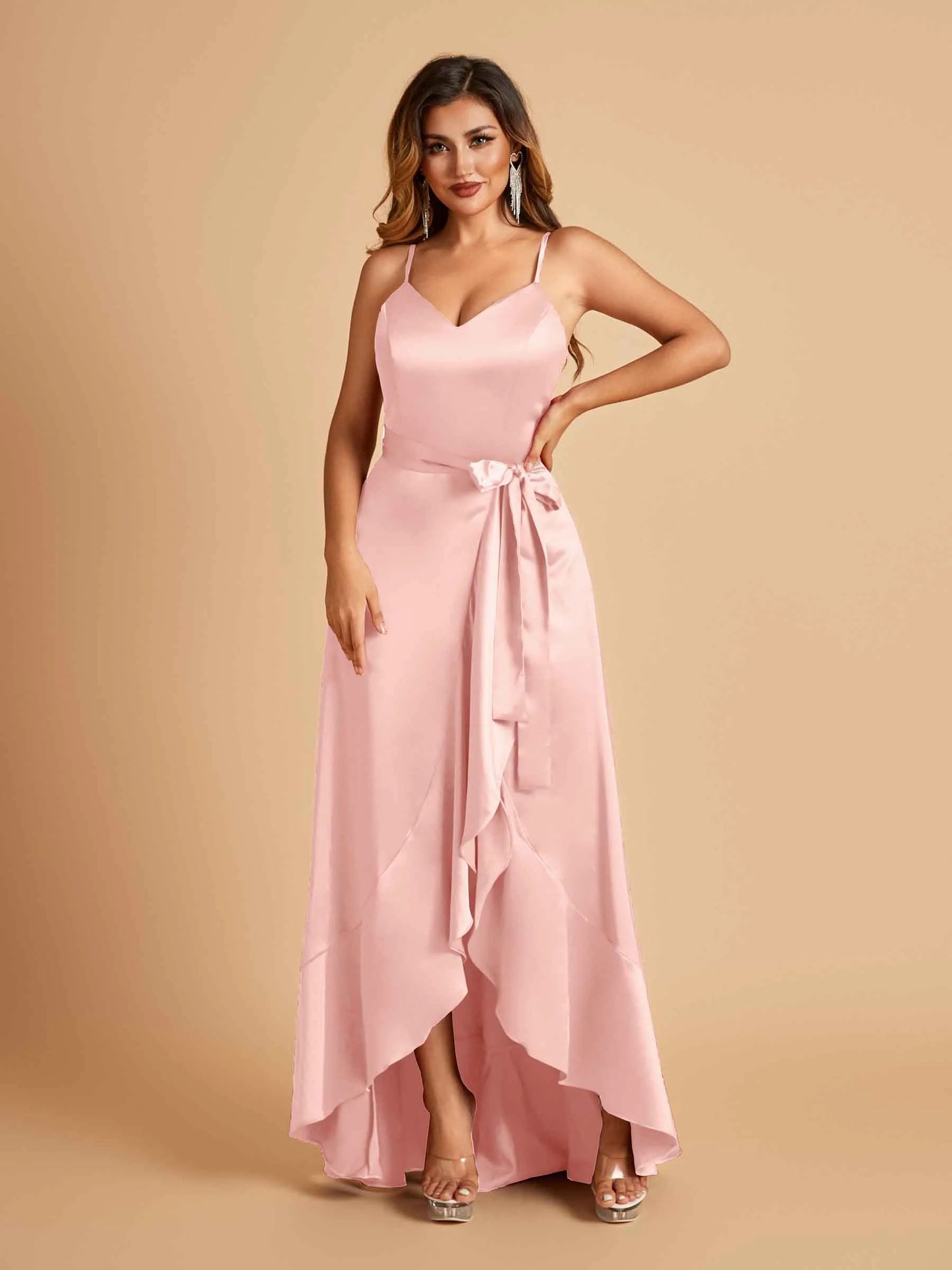 Satin Asymmetric V-neck Bridesmaid Dresses Sleeveless Side Slit A-line Unique For Sale