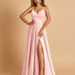 Satin A-line Long Prom Dresses Spaghetti Straps V-neck Side Slit Floor Length