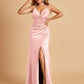 Sexy Satin Sheath Bridesmaid Dresses Spaghetti Straps V-neck Side Slit Pleats Floor Length