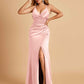 Sexy Satin Sheath Bridesmaid Dresses Spaghetti Straps V-neck Side Slit Pleats Floor Length For Sale