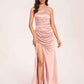 Satin Halter Pleats Sheath Prom Dresses Side-Slit Floor Length Sleeveless