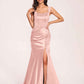 Sexy Satin Square Mermaid Bridesmaid Dresses Pleats Side-Slit Floor-Length Sleeveless