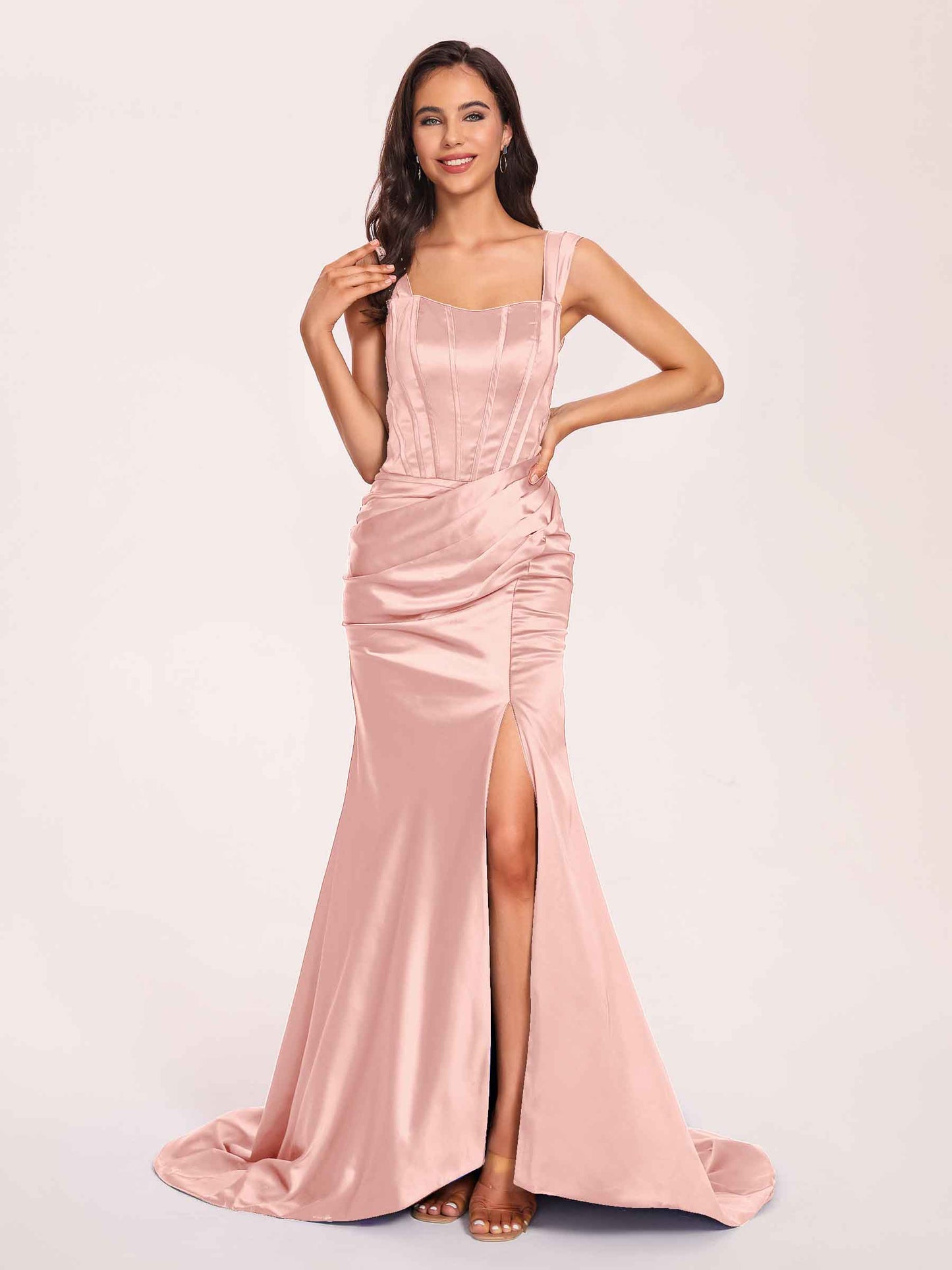 Sexy Satin Square Mermaid Bridesmaid Dresses Pleats Side-Slit Floor-Length Sleeveless
