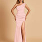 Satin One-shoulder Bridesmaid Dresses Mermaid Side Slit Sleeveless Floor Length