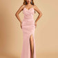 Sexy Satin Mermaid Prom Dresses Spaghetti Straps V-neck Side Slit Floor Length