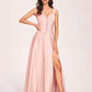 Satin V-neck A-line Prom Dresses Side slit Floor Length
