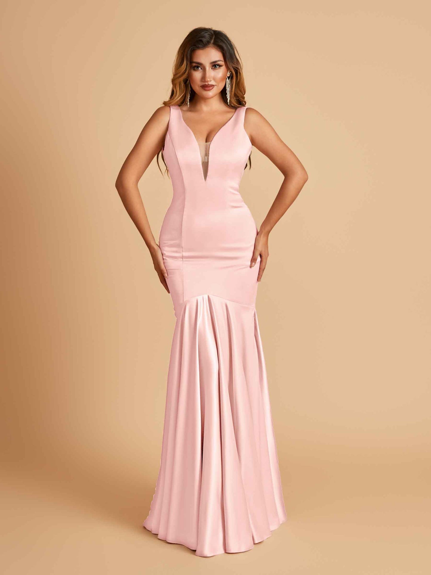 Satin Deep V-neck Mermaid Bridesmaid Dresses Half Open Back Floor Length