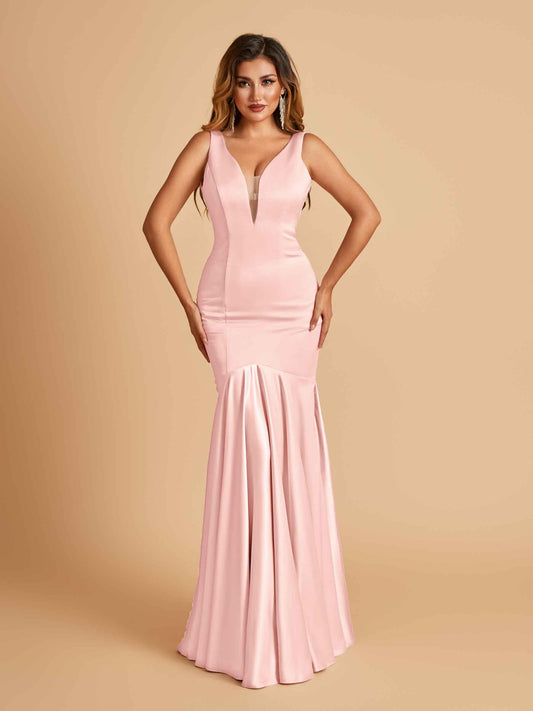 Satin Deep V-neck Mermaid Bridesmaid Dresses Half Open Back Floor Length