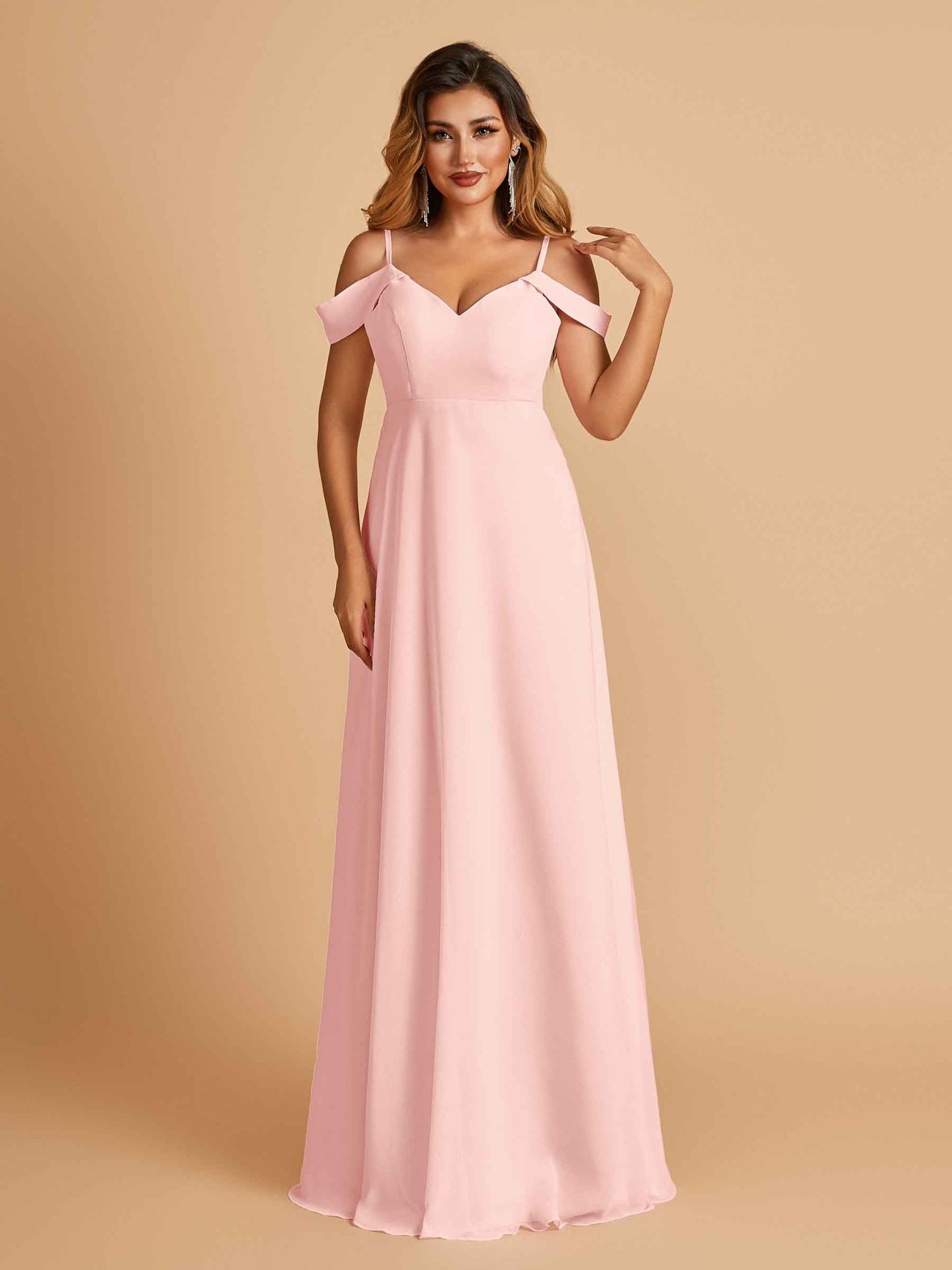 Chiffon Off-shoulder Long Bridesmaid Dresses V-neck Floor Length A-line For Sale
