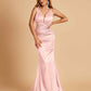 Sexy Satin Criss-cross Back Prom Dresses Mermaid Deep V-neck Back Pleats Floor Length