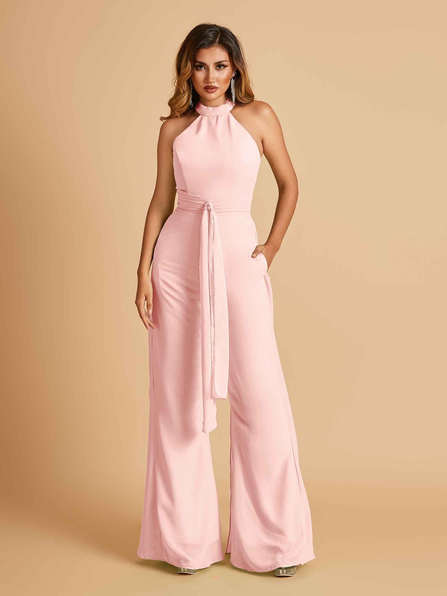 Chiffon Bridesmaid Jumpsuit Jewel Neck Sleeveless Floor Length With Pockets