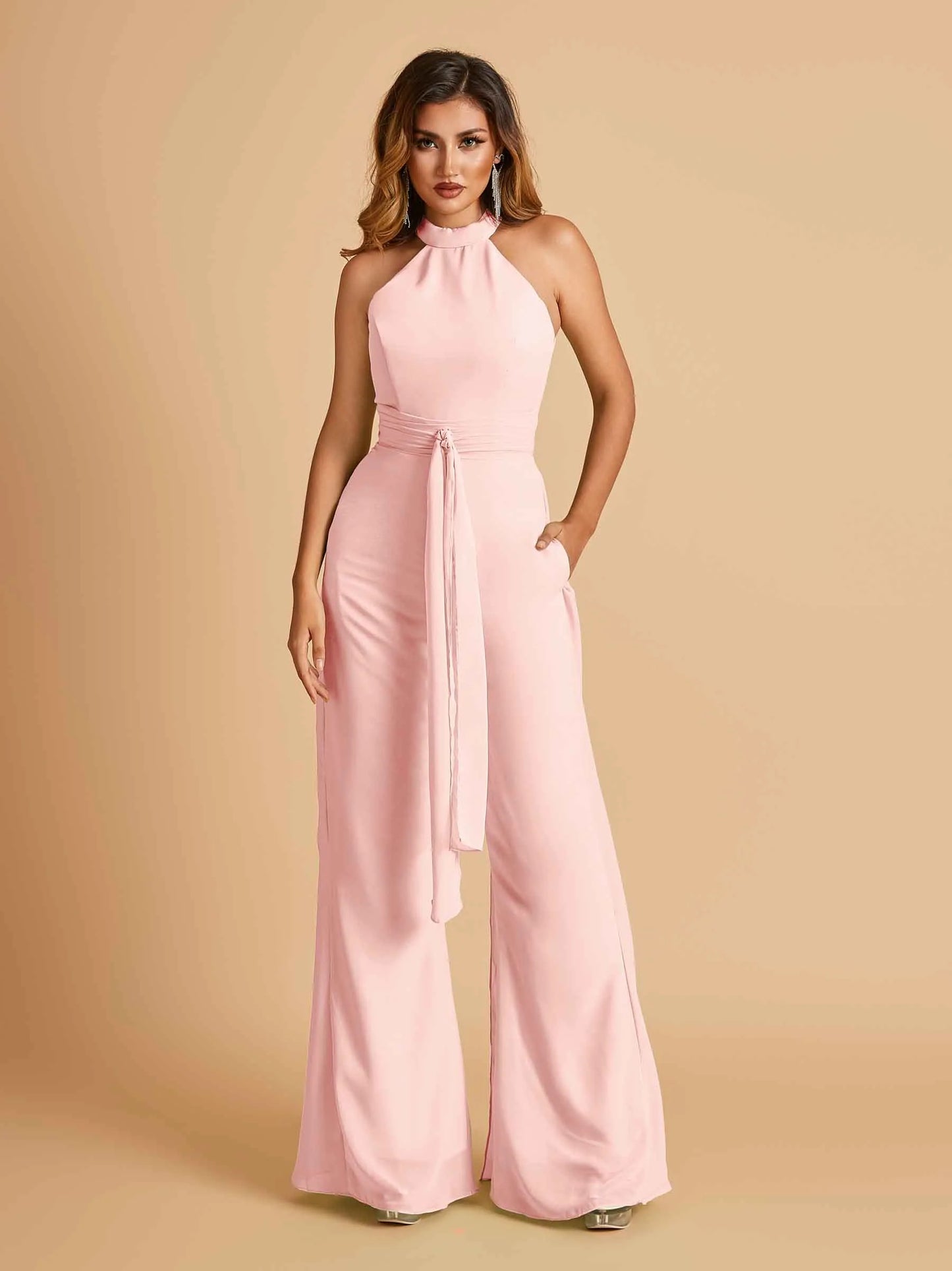 Chiffon Bridesmaid Jumpsuit Jewel Neck Sleeveless Floor Length With Pockets For Sale