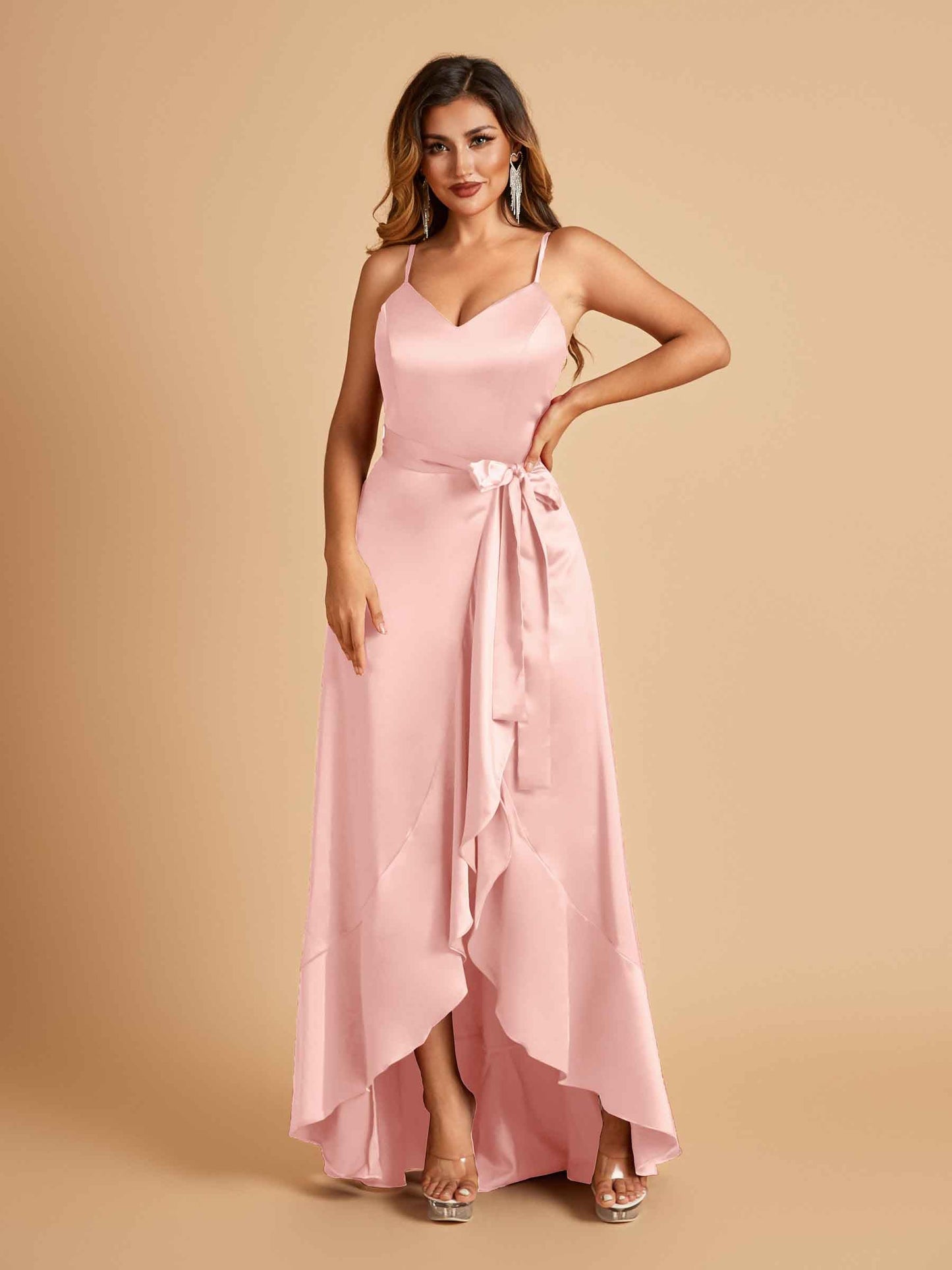 Satin Asymmetric V-neck Prom Dresses Sleeveless Side Slit A-line Unique