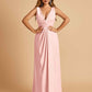 Sexy Satin Deep V-neck Long Bridesmaid Dresses A-line Pleats Sleeveless Floor Length