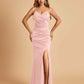 Sexy Satin Mermaid Bridesmaid Dresses Spaghetti Straps V-neck Side Slit Floor Length