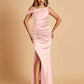 Unique Satin One Shoulder Bridesmaid Dresses Side Slit Half Open Back Floor Length