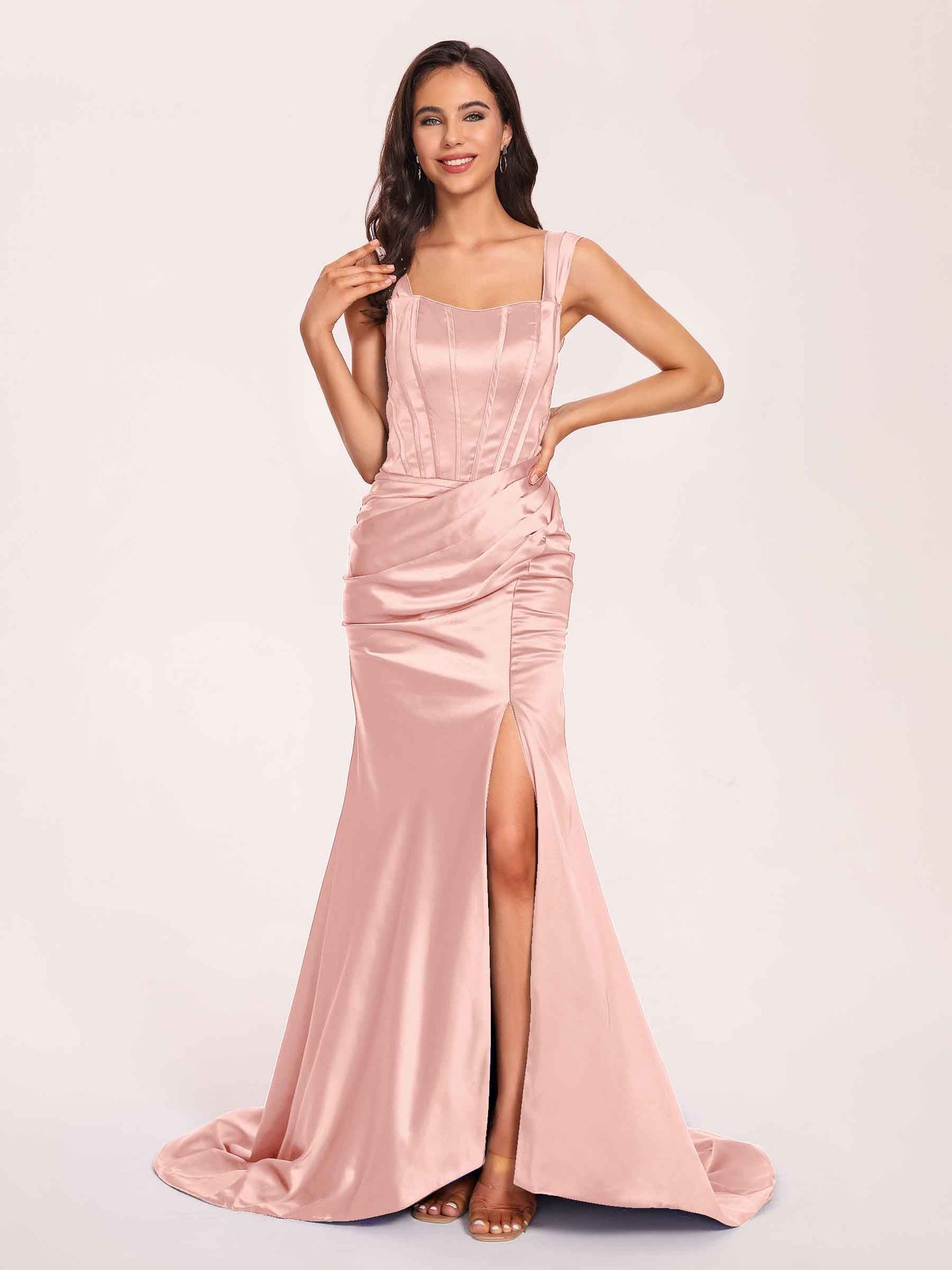Sexy Satin Square Mermaid Prom Dresses Pleats Side-Slit Floor-Length Sleeveless
