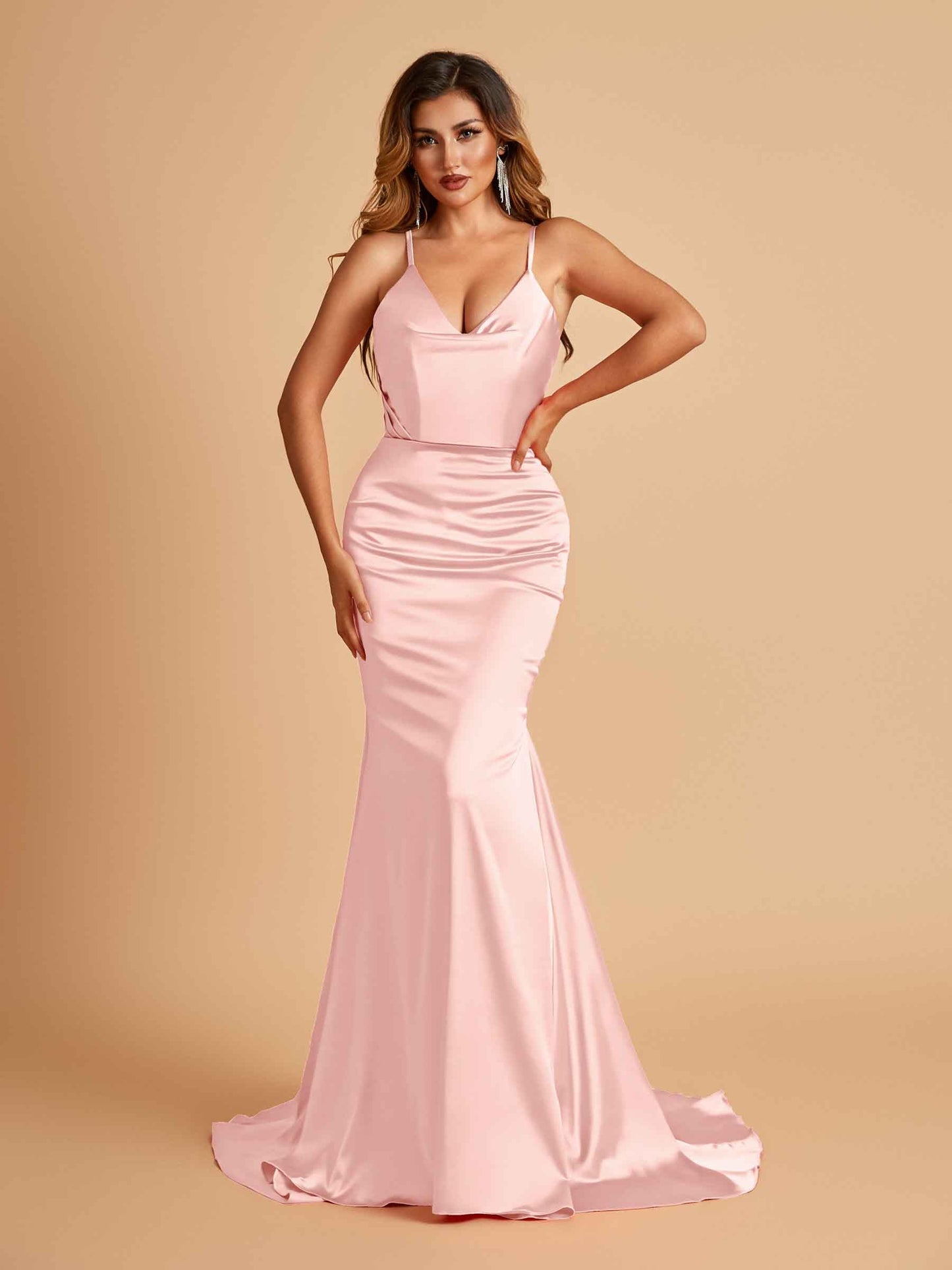 Sexy Satin Mermaid Prom Dresses Spaghetti Straps V-neck Pleats Floor Length