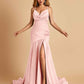 Sexy Satin Mermaid Open Back Prom Dresses Spaghetti Straps V-neck Side Slit