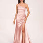 Satin One-shoulder Mermaid Prom Dresses Side Slit Pleats Floor Length