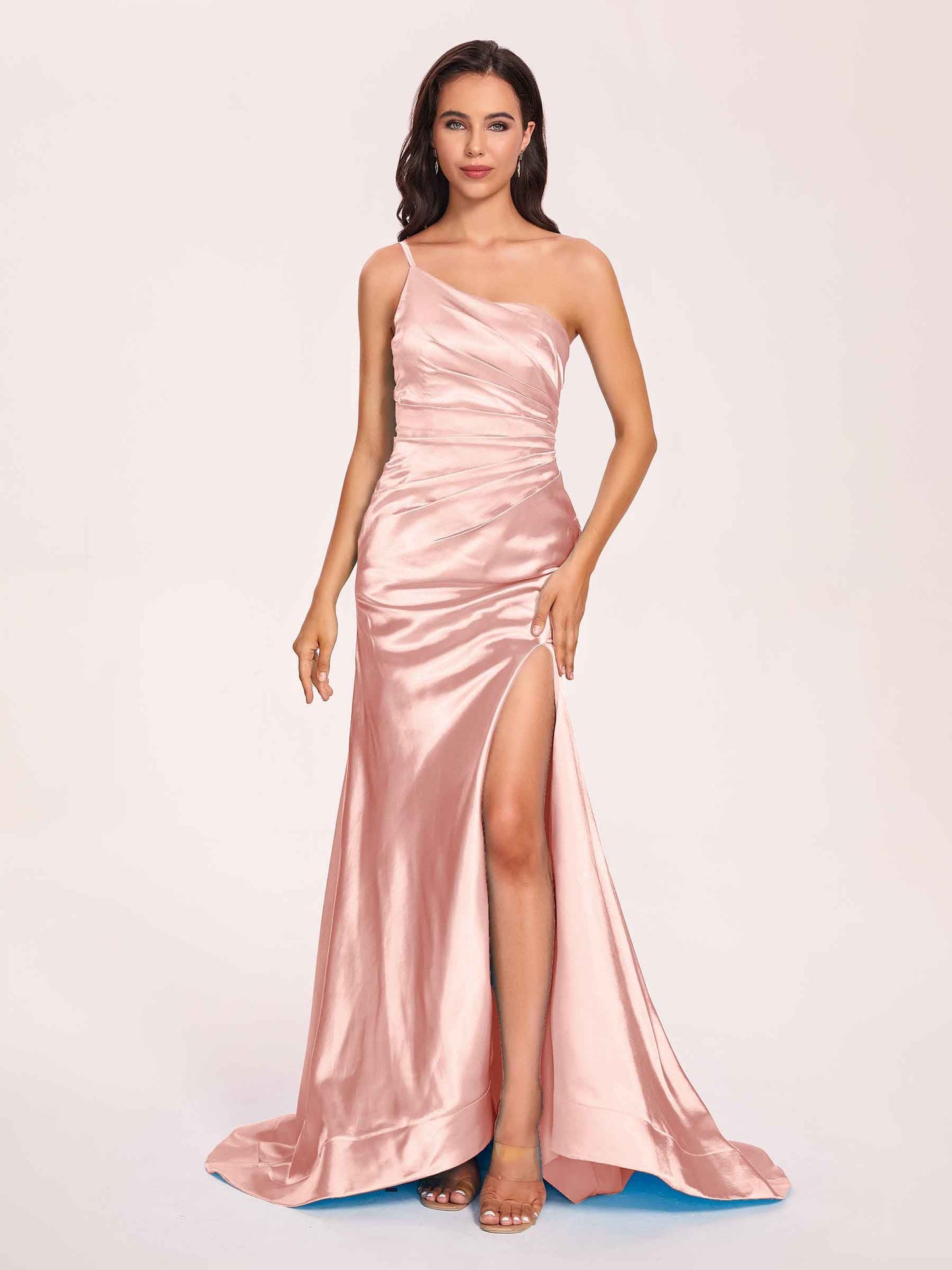 Satin One-shoulder Mermaid Prom Dresses Side Slit Pleats Floor Length