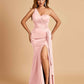 Satin One Shoulder Mermaid Bridesmaid Dresses Side Slit Floor Length For Sale