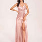 Sexy Satin A-line Prom Dresses Spaghetti Straps Side Slit V-neck Floor Length