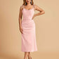 Sexy Satin Midi Prom Dresses Spaghetti Straps Slip Scoop Side Slit