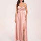 Satin Spaghetti Straps A-line Bridesmaid Dresses Side Slit Floor Length