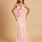 Satin Mermaid Open-back Prom Dresses Spaghetti Straps V-neck With Pleats Floor Length