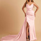 Sexy Satin Sheath Bridesmaid Dresses Strapless Sweetheart Side Slit With Train