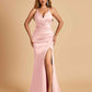 Sexy Satin Mermaid Long Prom Dresses Spaghetti Straps Sweetheart Side Slit Criss-cross Back