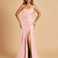 Sexy Satin Mermaid Prom Dresses Spaghetti Straps Scoop Side Slit Criss-cross Back