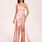 Satin One-shoulder Mermaid Bridesmaid Dresses Side Slit Pleats Floor Length