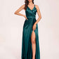 Sexy Satin A-line Bridesmaid Dresses Spaghetti Straps Side Slit V-neck Floor Length