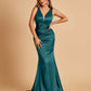 Sexy Satin Criss-cross Back Bridesmaid Dresses Mermaid Deep V-neck Back Pleats Floor Length
