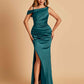 Unique Satin One Shoulder Bridesmaid Dresses Side Slit Half Open Back Floor Length
