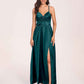 Satin Spaghetti Straps A-line Bridesmaid Dresses Side Slit Floor Length